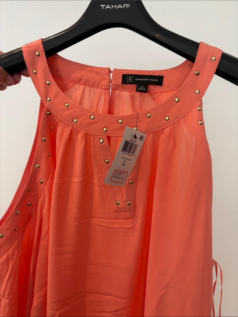 INC International Concepts Coral Cutout Shoulder Studded Blouse. Light and Flowy